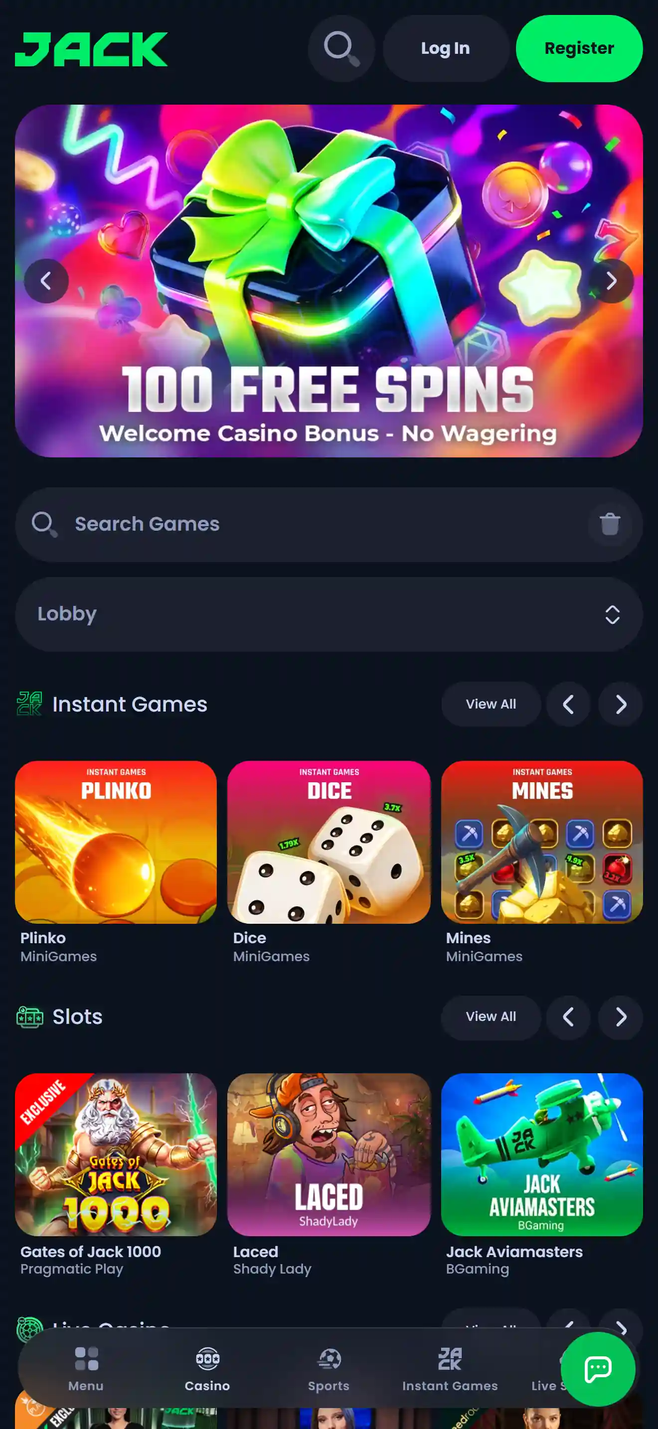 Skærmbillede af Jack.com casino i mobilvisning