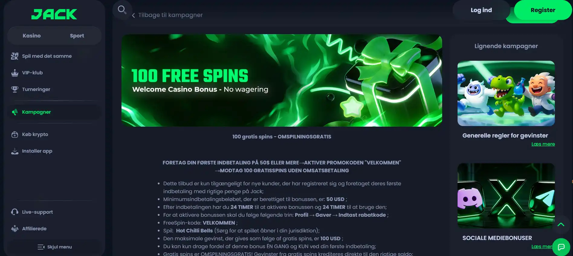 Jack.com-side om gratisrunder uden separat omsætningskrav