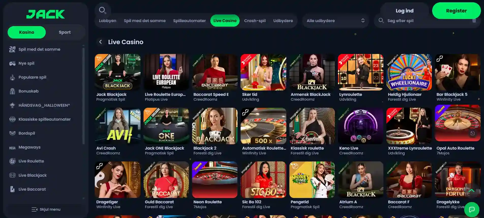 Aktuel Jack.com live-casino-lobby med liveborde og navigation efter spiludbyder