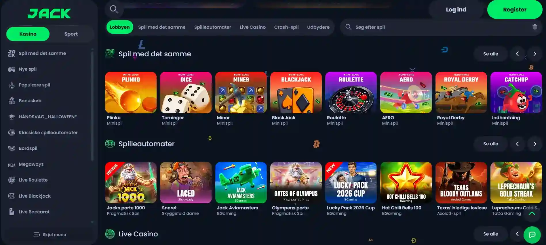 Aktuel Jack.com casino-lobby med spil- og kategorinavigation