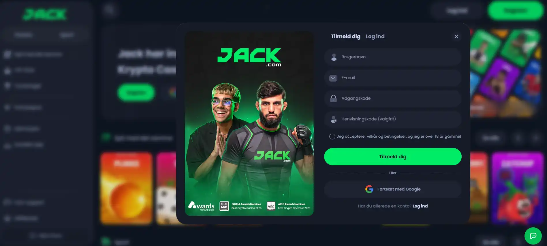 Skærmbillede af Jack.com registreringsvejledning