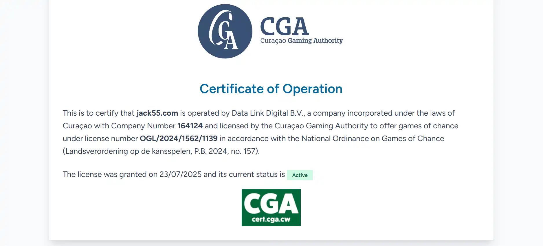 Skærmbillede af Curaçao Gaming Authority-certifikat for Data Link Digital B.V.