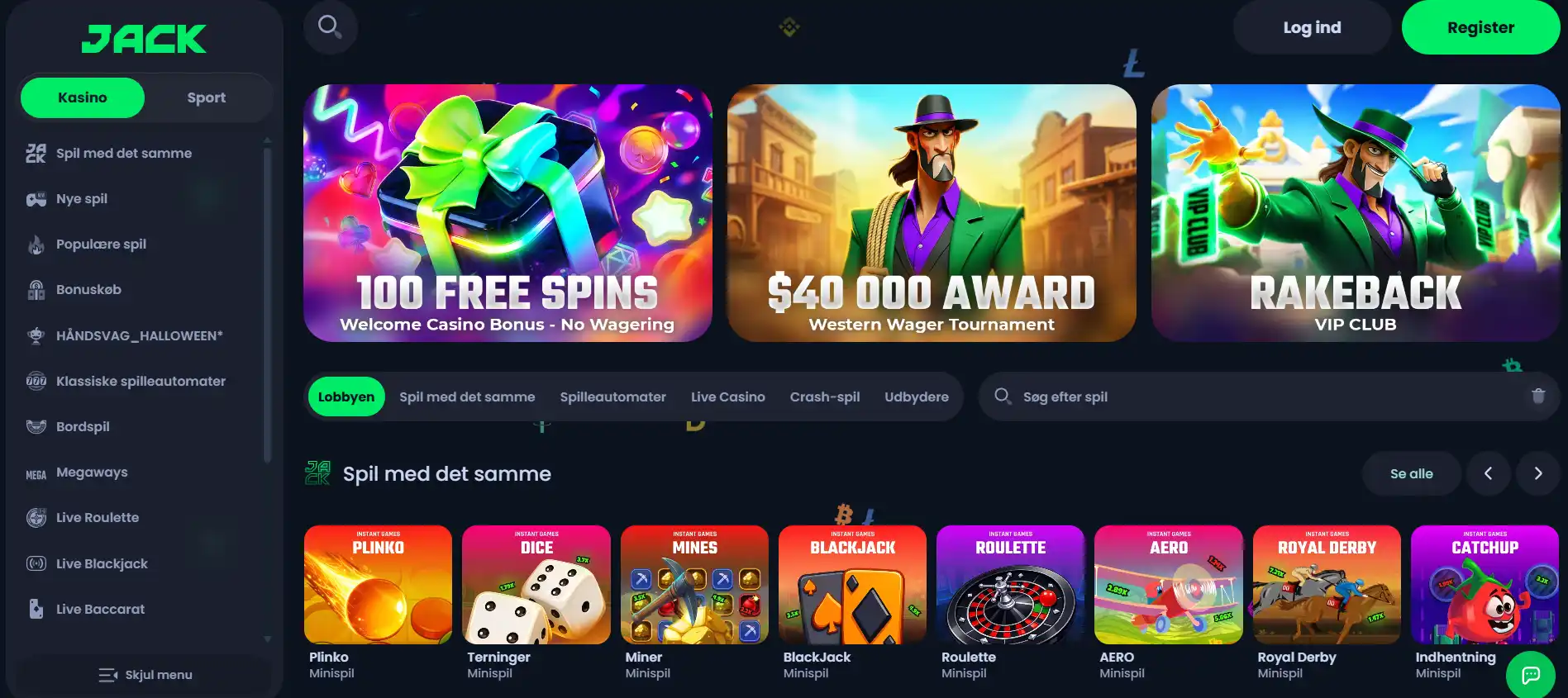 Aktuel Jack.com casino-lobby med spilnavigation